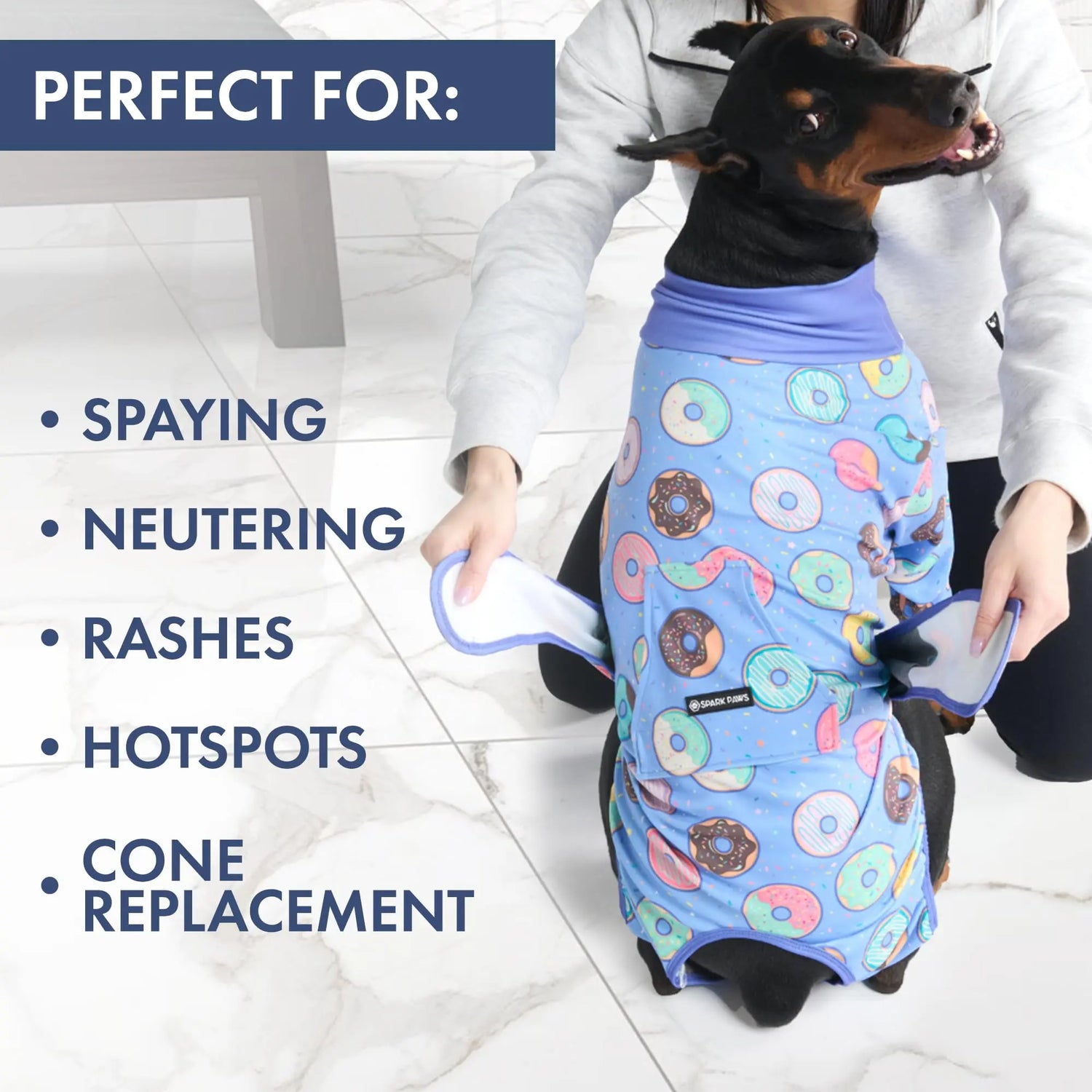 Spark Paws Dog Surgery Recovery Suit - The Ultimate Comfort Solution for Post-Surgery Pets, Soft Anti-Lick Onesie for Spay/Neuter Recovery - Donuts - Size S