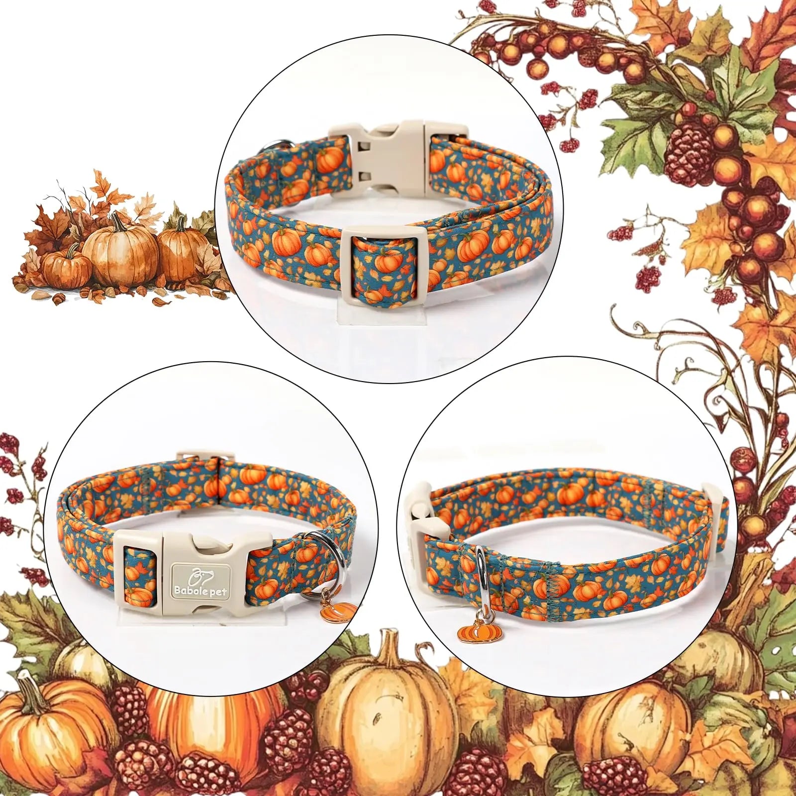 Charming Amber Fall Pumpkin Cotton Dog Collar - Adjustable, Lightweight, and Chew Resistant for Small Dogs, Perfect for Fall Adventures!
