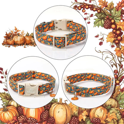 Charming Amber Fall Pumpkin Cotton Dog Collar - Adjustable, Lightweight, and Chew Resistant for Small Dogs, Perfect for Fall Adventures!