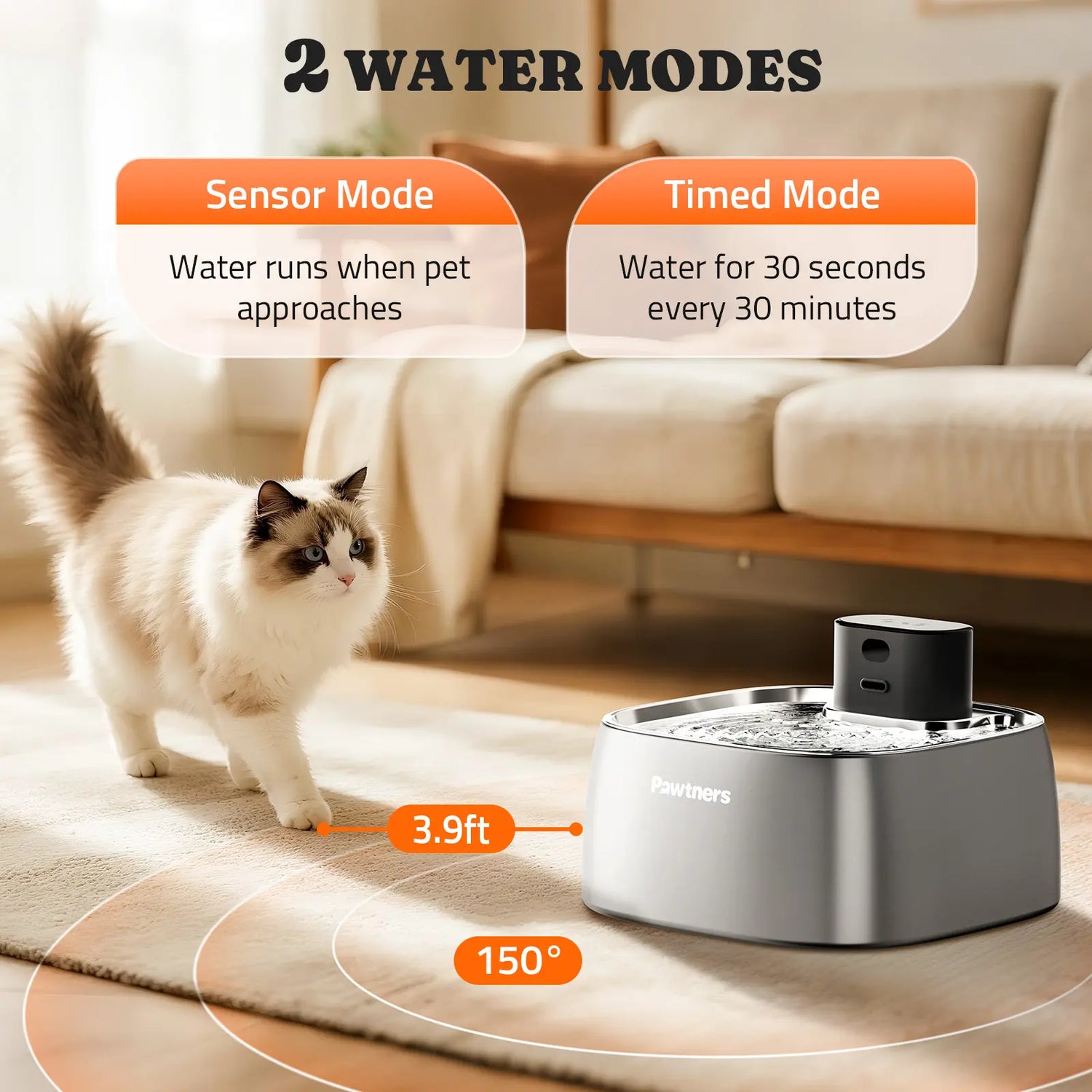 Pawtners Cordless Automatic Water Feeder - 108Oz/3.2L Stainless Steel Fountain for Cats & Dogs with Smart Motion Sensor and Leakproof Design