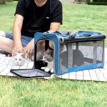 Spacious and Stylish Soft-Sided Pet Carrier for Medium/Large Cats and Small Dogs - Airline Approved, Lightweight, and Foldable - Available in Pink or Blue