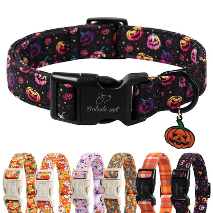 Charming Amber Fall Pumpkin Cotton Dog Collar - Adjustable, Lightweight, and Chew Resistant for Small Dogs, Perfect for Fall Adventures!