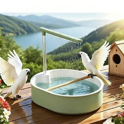 Deluxe Automatic Bird Bath Fountain for Medium Parrots - Relaxing Rain Shower with Secure Wooden Perch and Automated Water Circulation
