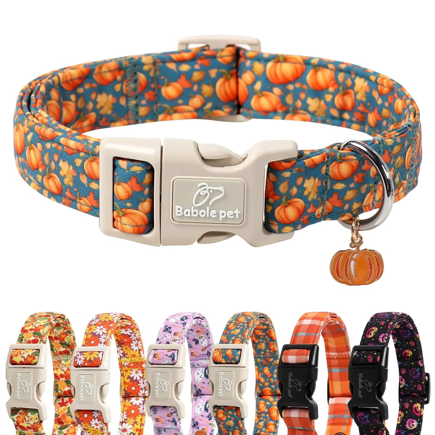 Charming Amber Fall Pumpkin Cotton Dog Collar - Adjustable, Lightweight, and Chew Resistant for Small Dogs, Perfect for Fall Adventures!