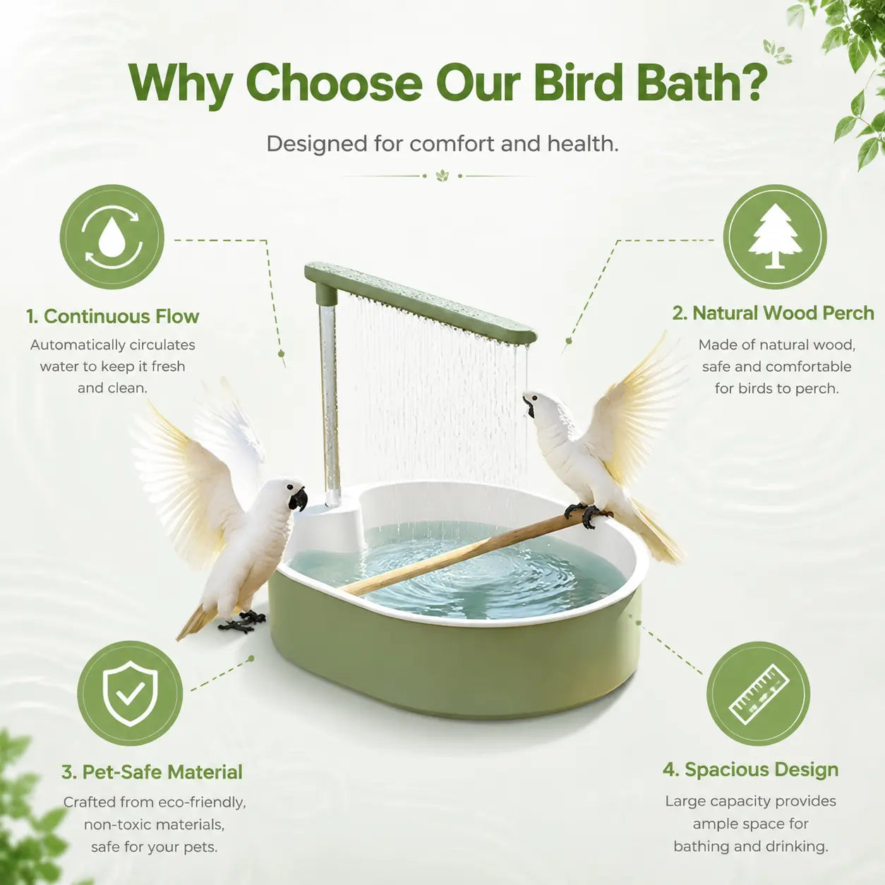 Deluxe Automatic Bird Bath Fountain for Medium Parrots - Relaxing Rain Shower with Secure Wooden Perch and Automated Water Circulation