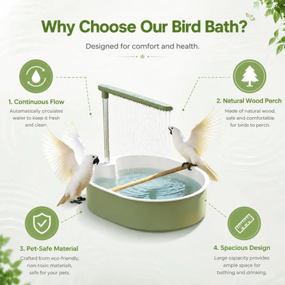 Deluxe Automatic Bird Bath Fountain for Medium Parrots - Relaxing Rain Shower with Secure Wooden Perch and Automated Water Circulation