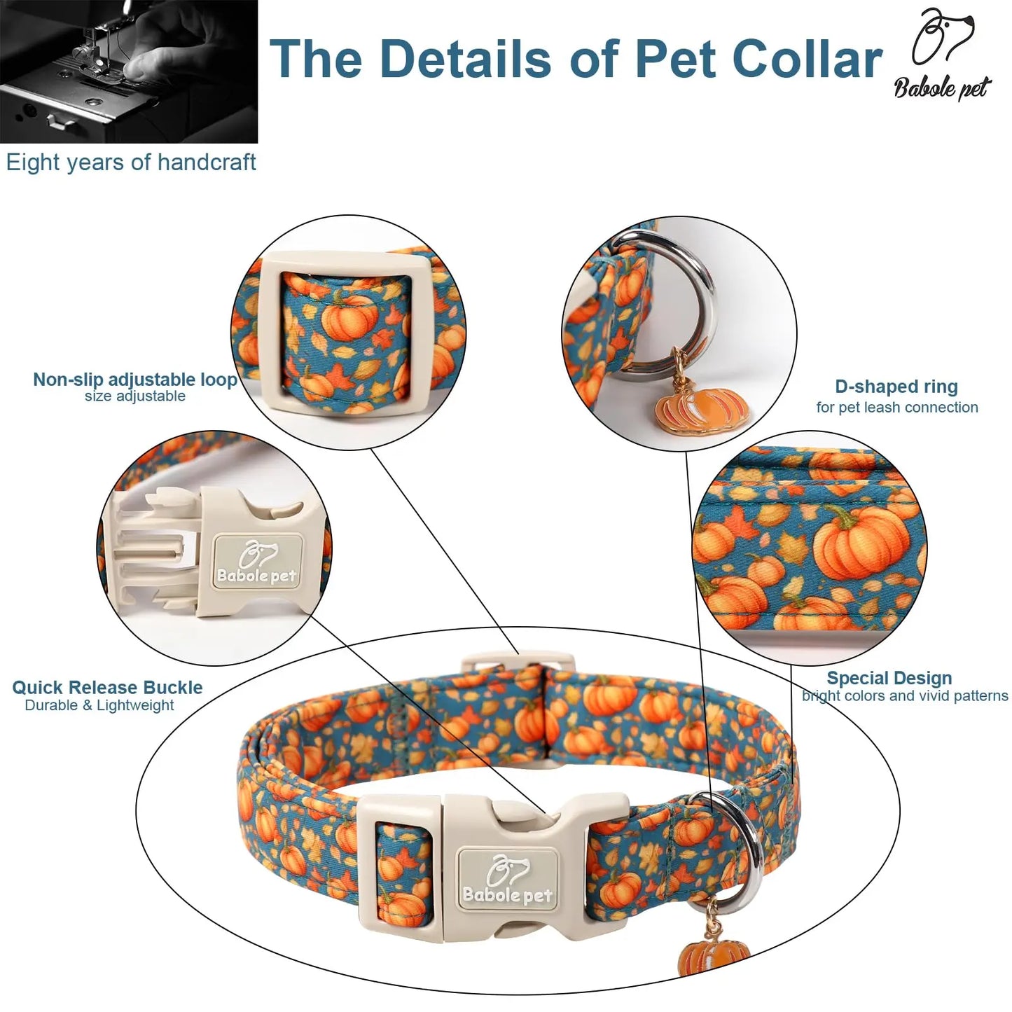 Charming Amber Fall Pumpkin Cotton Dog Collar - Adjustable, Lightweight, and Chew Resistant for Small Dogs, Perfect for Fall Adventures!