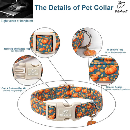 Charming Amber Fall Pumpkin Cotton Dog Collar - Adjustable, Lightweight, and Chew Resistant for Small Dogs, Perfect for Fall Adventures!