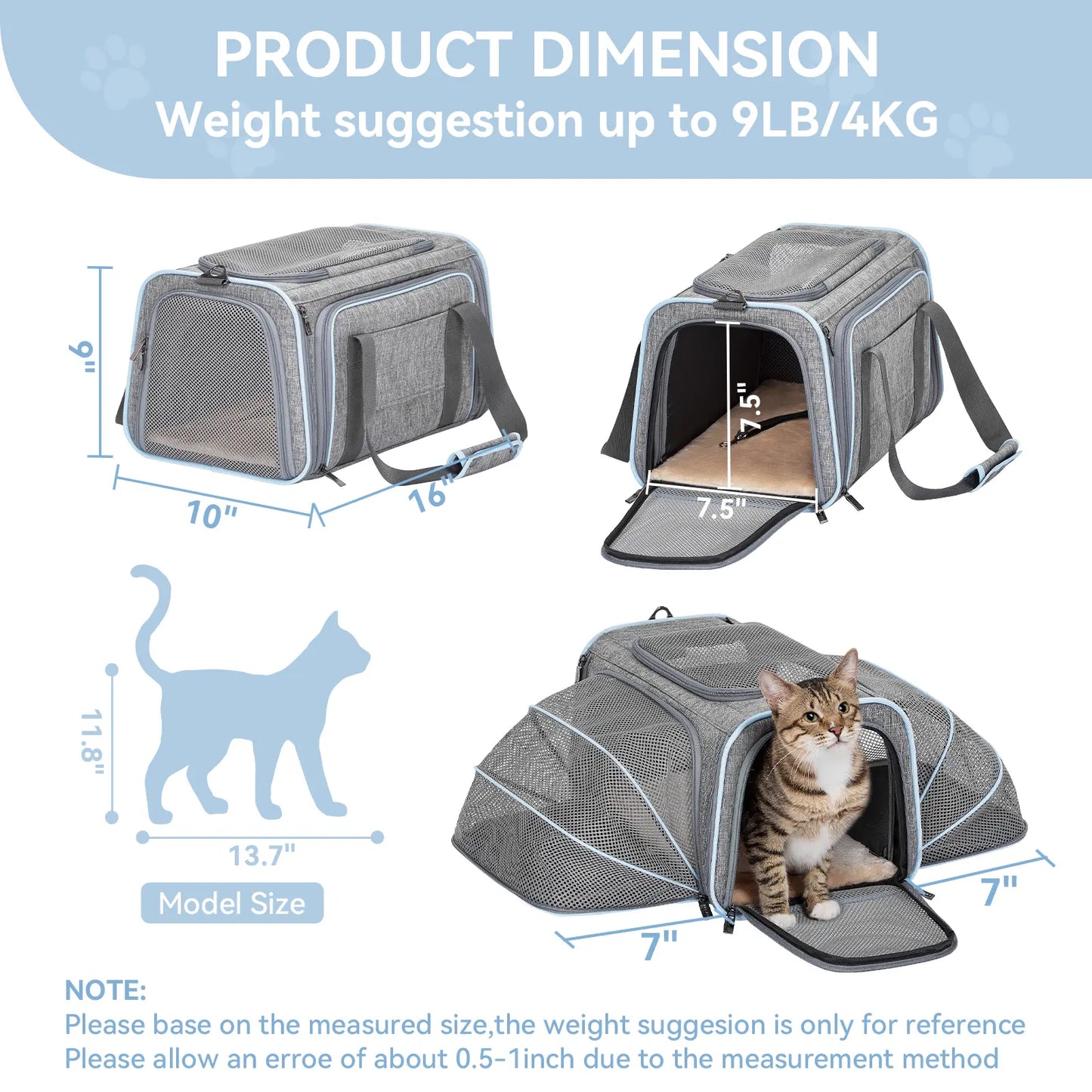 Ultimate Comfort: Petsfit Expandable Soft-Sided Pet Carrier for Small Cats & Dogs (Up to 9LB) - Airline Approved & Travel Friendly with Washable Fabric and Dual Extensions