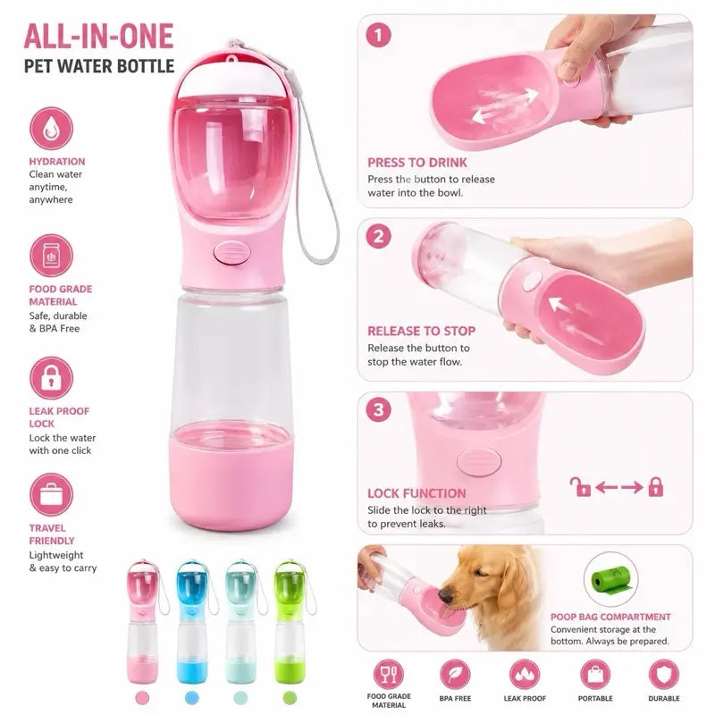 Ultimate 3-in-1 Portable Dog Water Bottle: Hydration, Nourishment, and Convenience for Your Adventures!