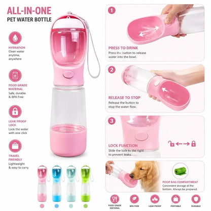 Ultimate 3-in-1 Portable Dog Water Bottle: Hydration, Nourishment, and Convenience for Your Adventures!