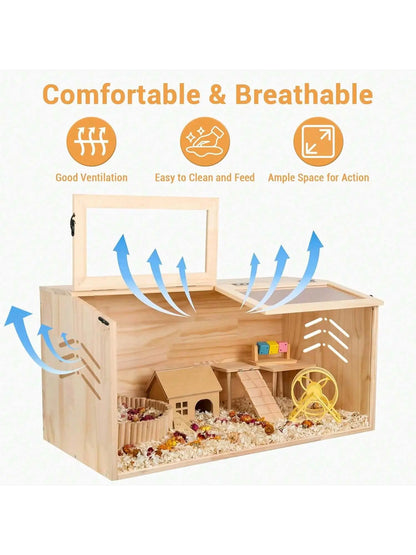 Deluxe Natural Wooden Hamster Cage Habitat - Chewproof & Spacious Enclosure for Dwarf Hamsters with Dual Skylight Windows, Easy Access Top, and Quick Clean Design for Happy, Healthy Pets
