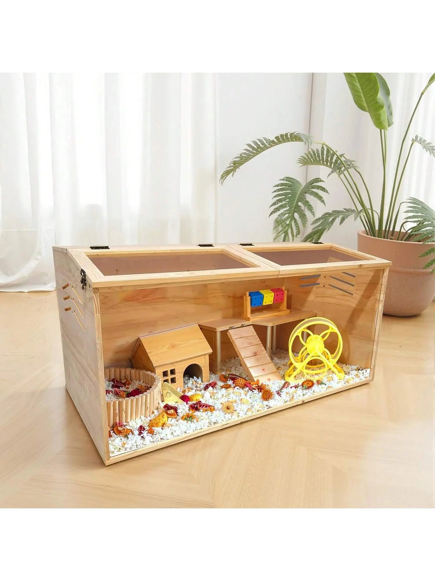 Deluxe Natural Wooden Hamster Cage Habitat - Chewproof & Spacious Enclosure for Dwarf Hamsters with Dual Skylight Windows, Easy Access Top, and Quick Clean Design for Happy, Healthy Pets