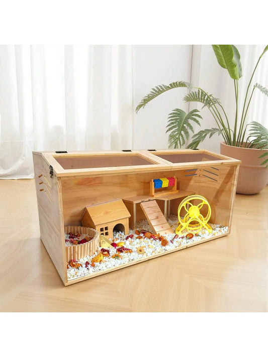 Deluxe Natural Wooden Hamster Cage Habitat - Chewproof & Spacious Enclosure for Dwarf Hamsters with Dual Skylight Windows, Easy Access Top, and Quick Clean Design for Happy, Healthy Pets
