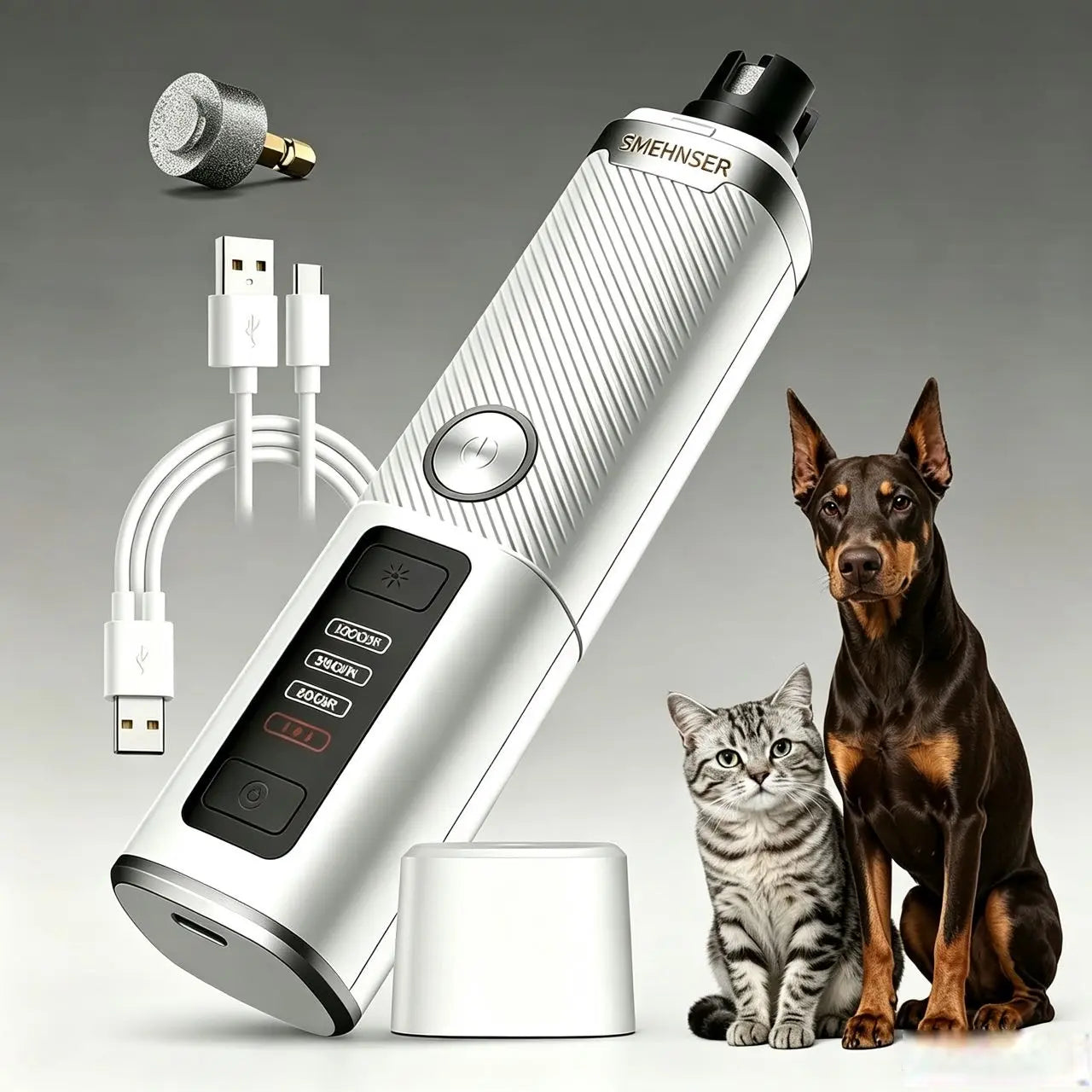 Whisper Quiet Low Noise Dog Nail Grinder - Electric Trimmer with 2 LED Lights, 3 Adjustable Speeds, and 1500mAh Rechargeable Battery for Stress-Free Grooming of Dogs, Cats, and Rabbits