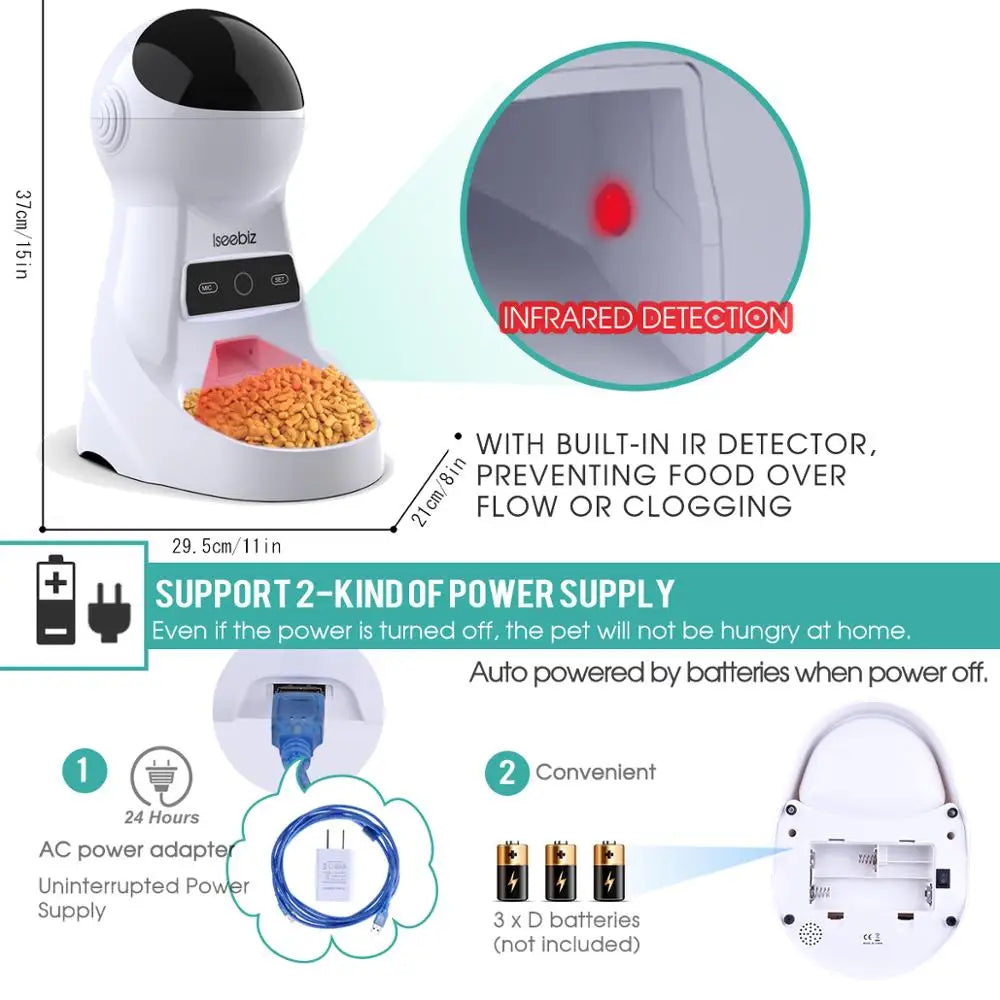 Iseebiz 3L Smart Automatic Pet Feeder with Voice Recording for Cats and Small Dogs - Schedule Meals with LCD Display