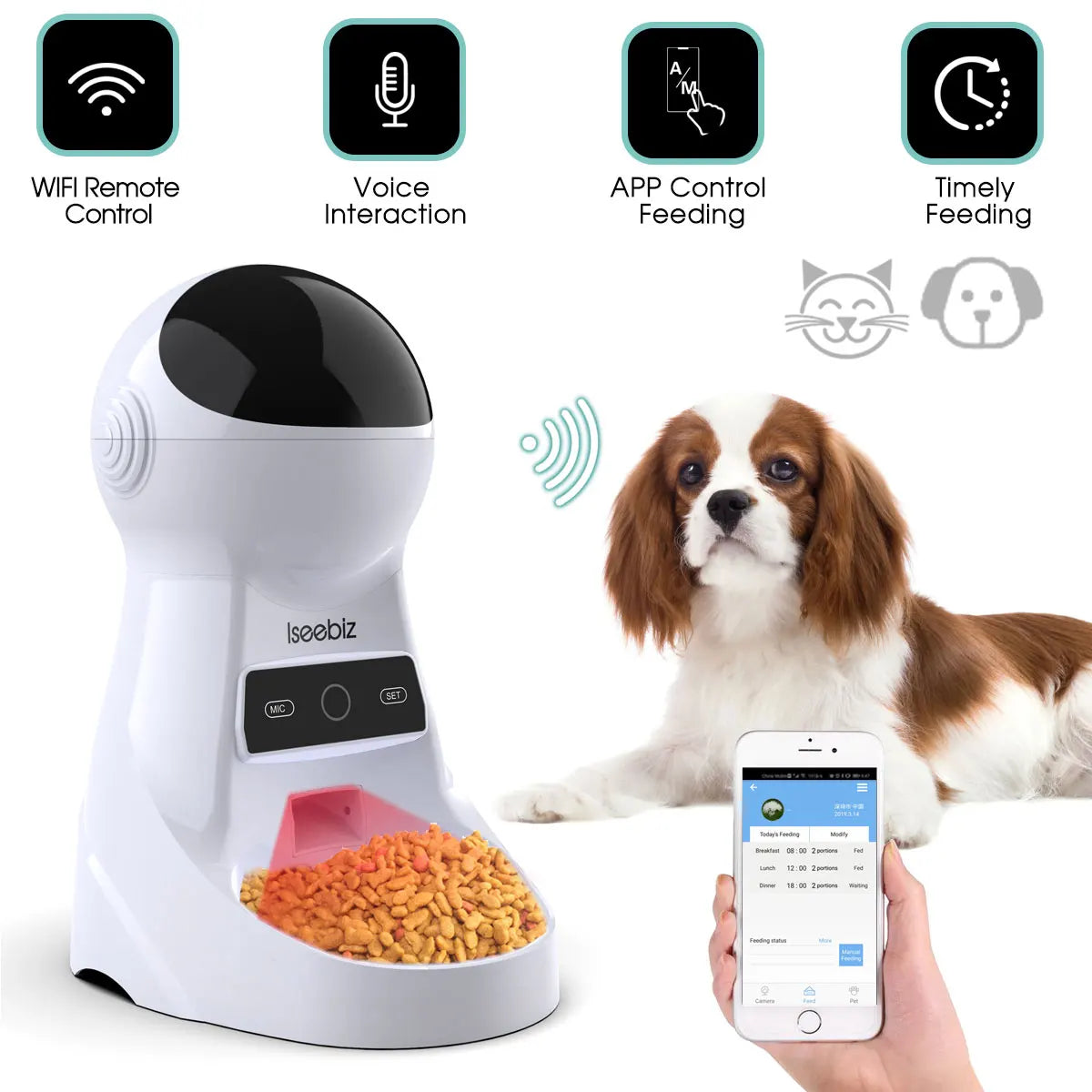 Iseebiz 3L Smart Automatic Pet Feeder with Voice Recording for Cats and Small Dogs - Schedule Meals with LCD Display