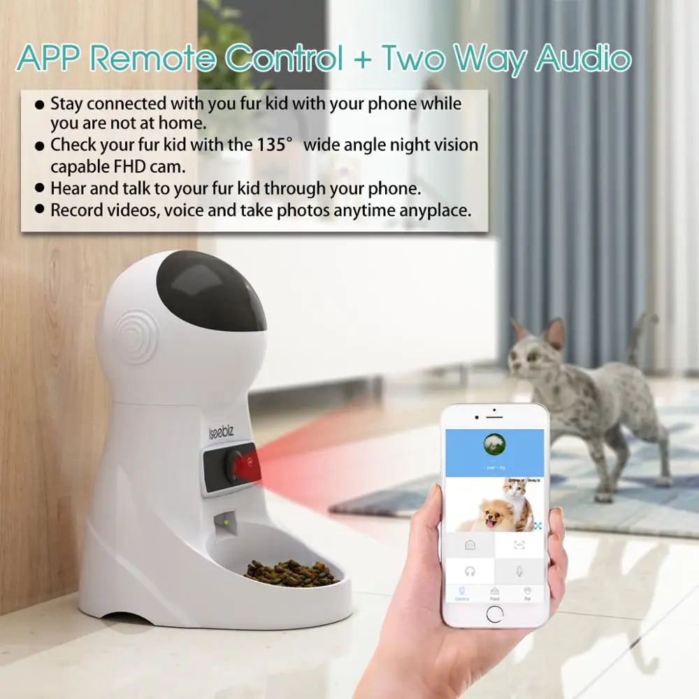 Iseebiz 3L Smart Automatic Pet Feeder with Voice Recording for Cats and Small Dogs - Schedule Meals with LCD Display