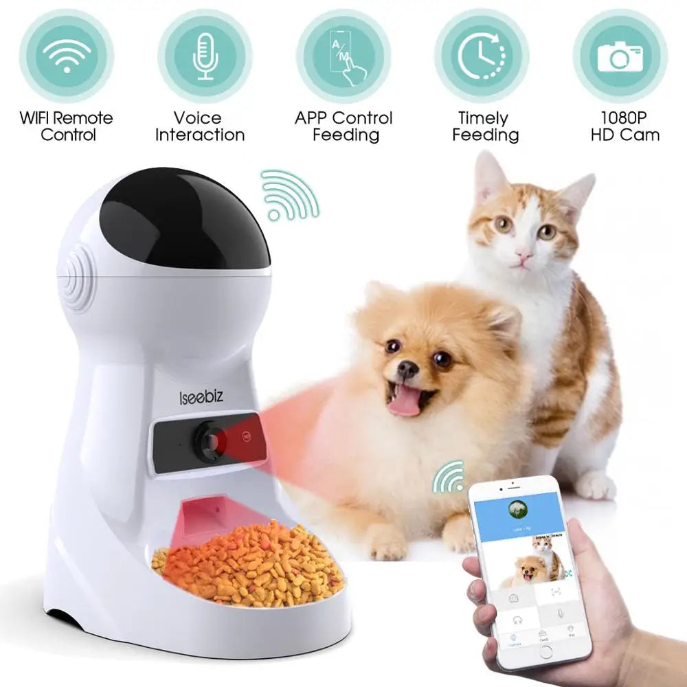 Iseebiz 3L Smart Automatic Pet Feeder with Voice Recording for Cats and Small Dogs - Schedule Meals with LCD Display