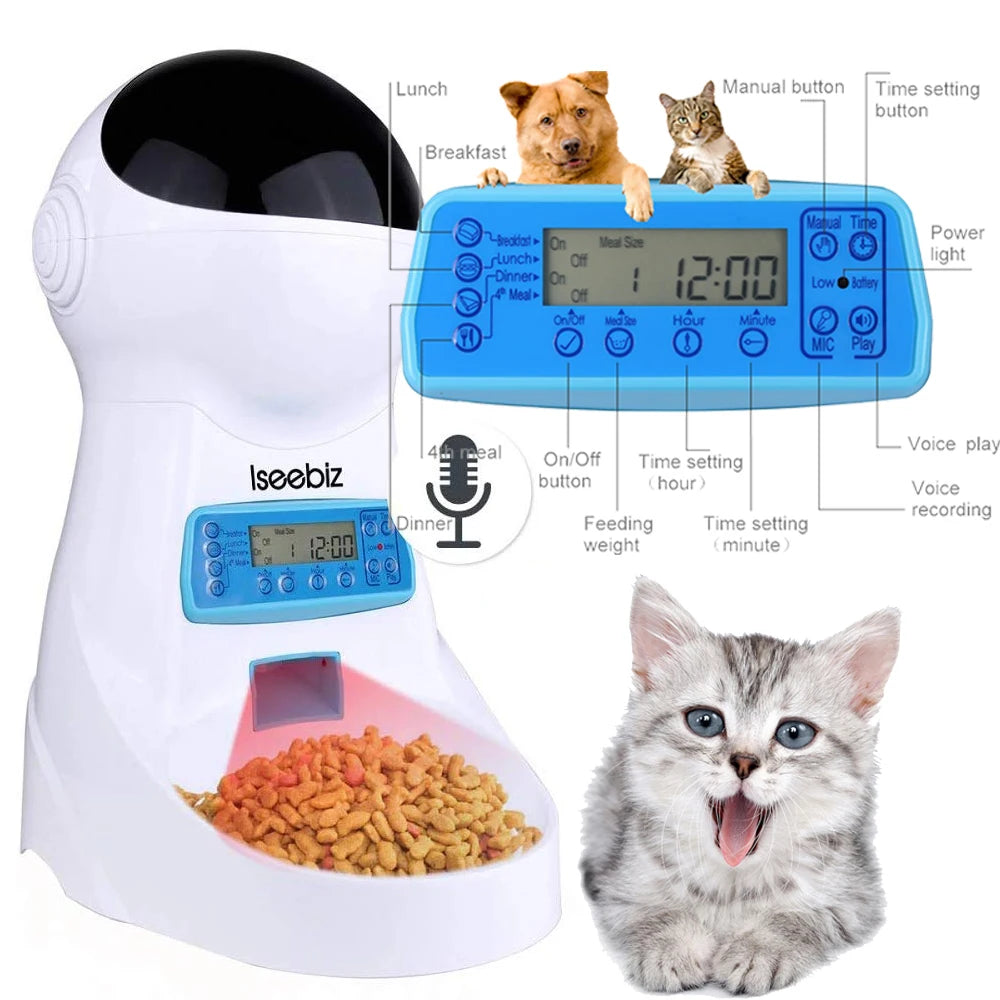 Iseebiz 3L Smart Automatic Pet Feeder with Voice Recording for Cats and Small Dogs - Schedule Meals with LCD Display