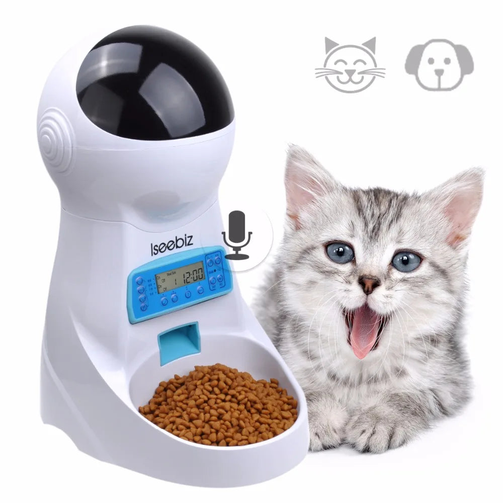 Iseebiz 3L Smart Automatic Pet Feeder with Voice Recording for Cats and Small Dogs - Schedule Meals with LCD Display