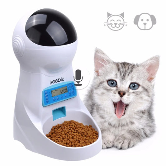 Iseebiz 3L Smart Automatic Pet Feeder with Voice Recording for Cats and Small Dogs - Schedule Meals with LCD Display