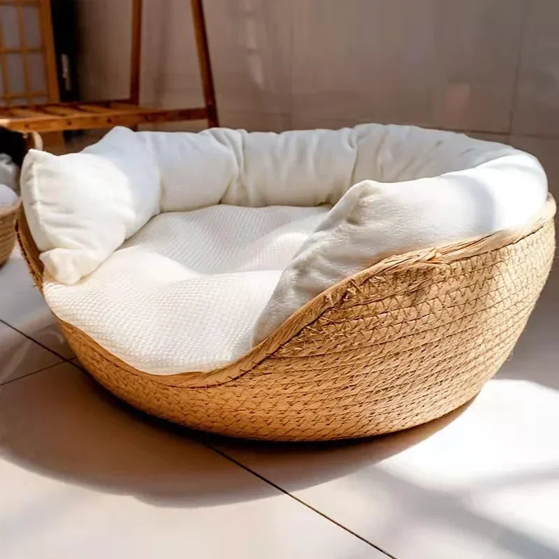 Cozy Four-Season Pet Bed: Hand-Woven Cat and Dog Sofa with Waterproof Cushion and Sleeping Bag Design