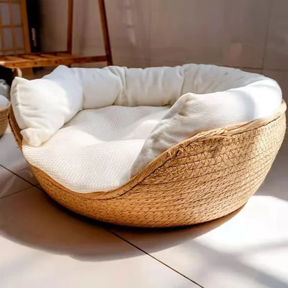 Cozy Four-Season Pet Bed: Hand-Woven Cat and Dog Sofa with Waterproof Cushion and Sleeping Bag Design
