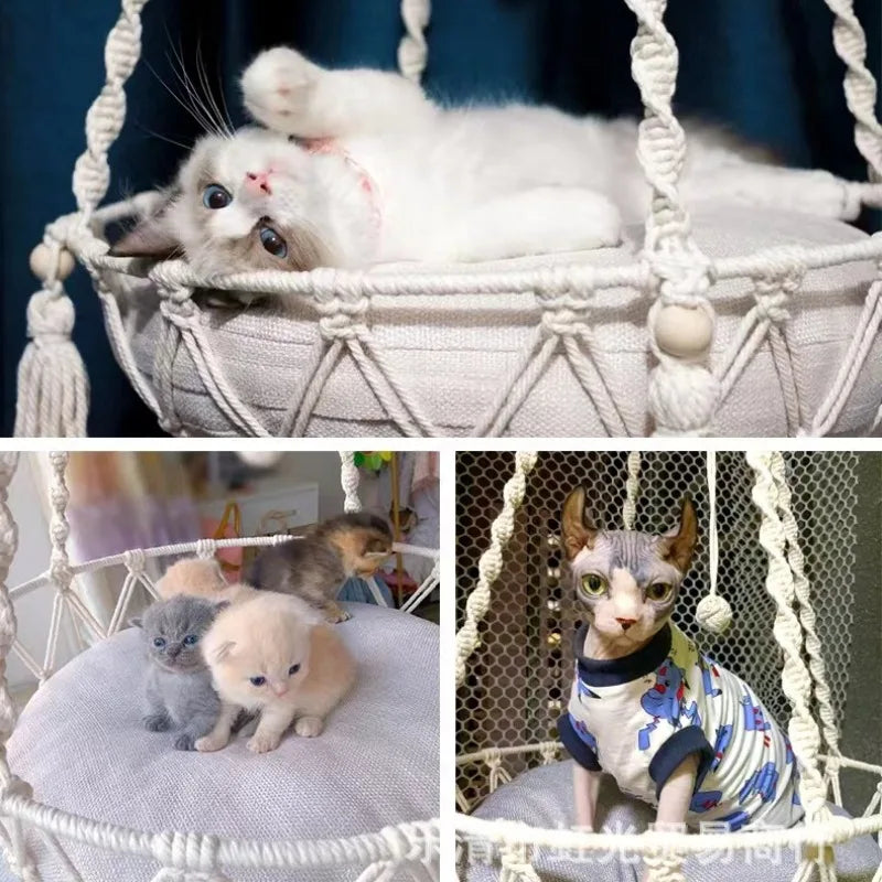 Cozy Winter Cat Hammock - Hand Woven Cotton Rope Swing for Indoor Kittens