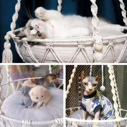 Cozy Winter Cat Hammock - Hand Woven Cotton Rope Swing for Indoor Kittens