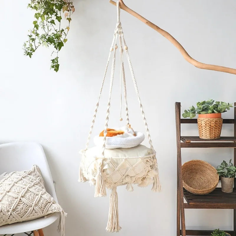 Cozy Winter Cat Hammock - Hand Woven Cotton Rope Swing for Indoor Kittens