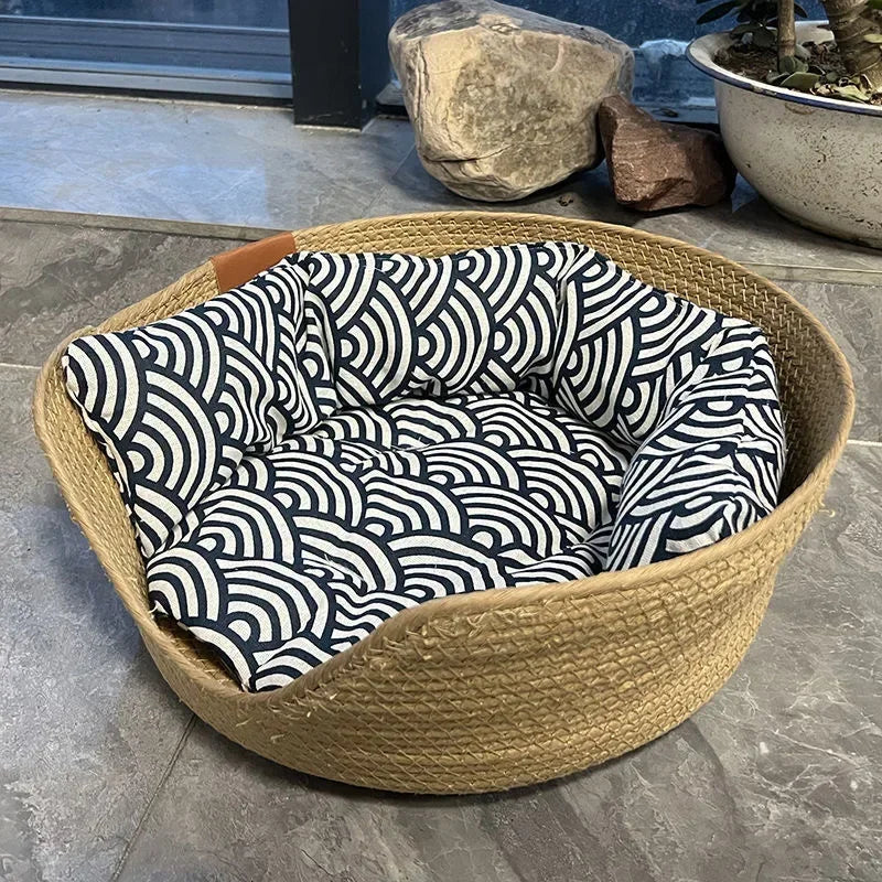 Cozy Four-Season Pet Bed: Hand-Woven Cat and Dog Sofa with Waterproof Cushion and Sleeping Bag Design