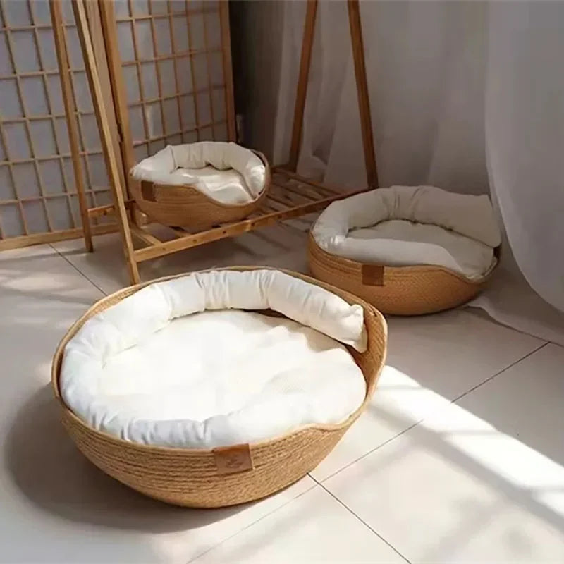 Cozy Four-Season Pet Bed: Hand-Woven Cat and Dog Sofa with Waterproof Cushion and Sleeping Bag Design