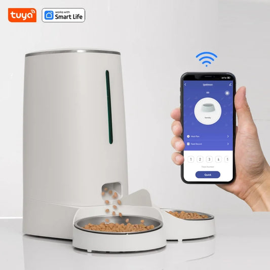 Smart WiFi Automatic Cat Feeder for Two Cats - 4L Food Dispenser with APP Control, Dual Stainless Steel Bowls, and Low Food Alarms