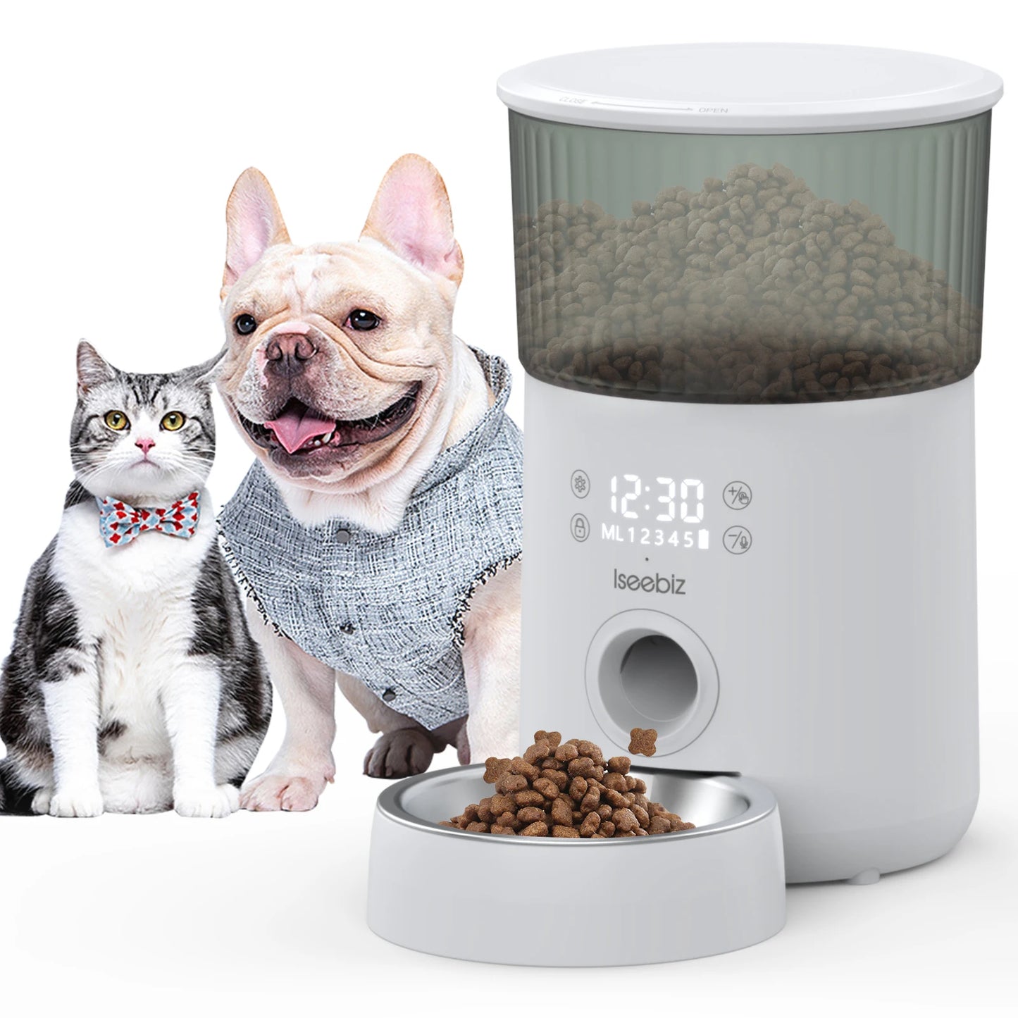 Iseebiz 3L Smart Automatic Pet Feeder with Voice Recording for Cats and Small Dogs - Schedule Meals with LCD Display