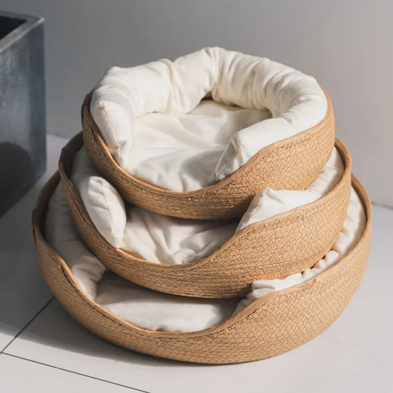Cozy Four-Season Pet Bed: Hand-Woven Cat and Dog Sofa with Waterproof Cushion and Sleeping Bag Design