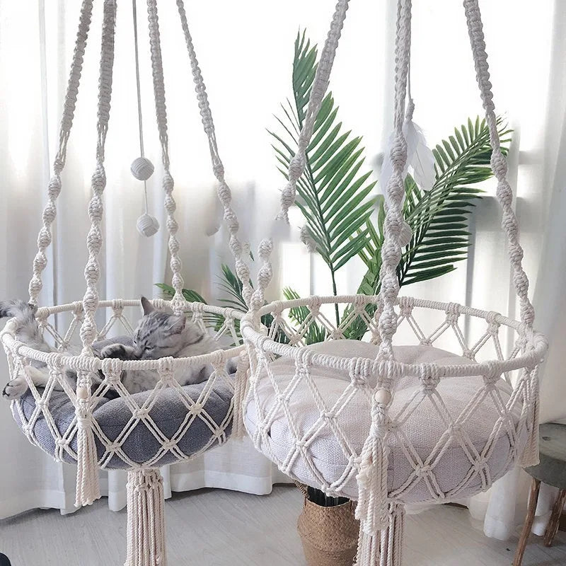 Cozy Winter Cat Hammock - Hand Woven Cotton Rope Swing for Indoor Kittens