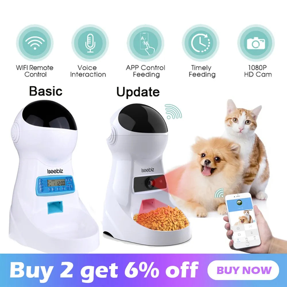 Iseebiz 3L Smart Automatic Pet Feeder with Voice Recording for Cats and Small Dogs - Schedule Meals with LCD Display