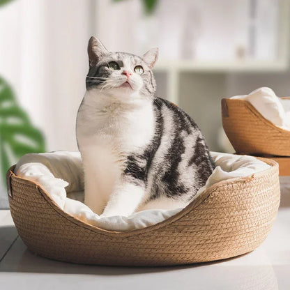 Cozy Four-Season Pet Bed: Hand-Woven Cat and Dog Sofa with Waterproof Cushion and Sleeping Bag Design