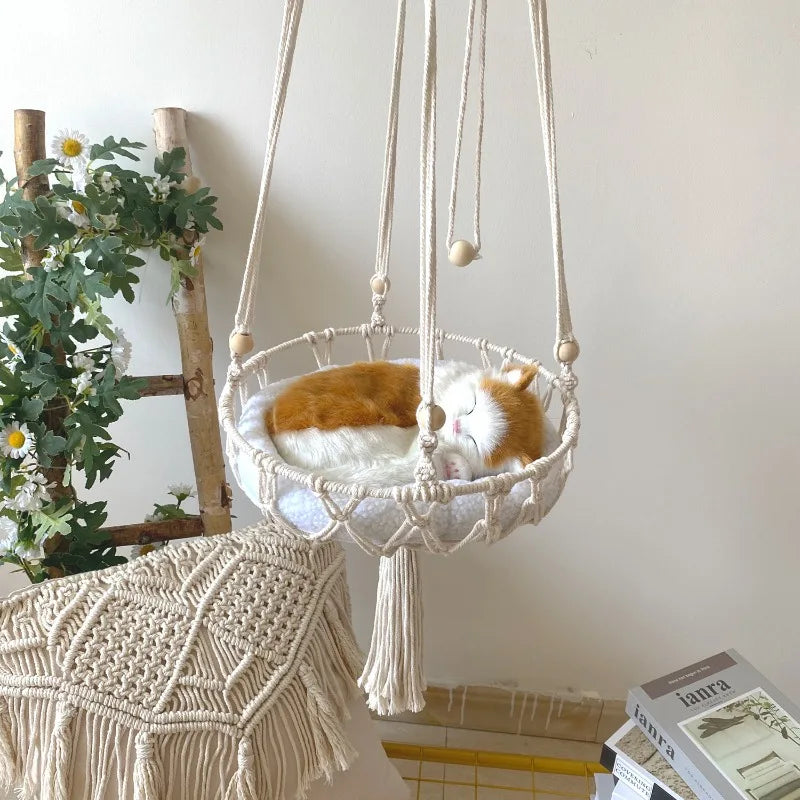 Cozy Winter Cat Hammock - Hand Woven Cotton Rope Swing for Indoor Kittens