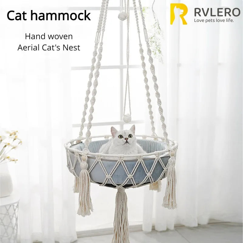 Cozy Winter Cat Hammock - Hand Woven Cotton Rope Swing for Indoor Kittens