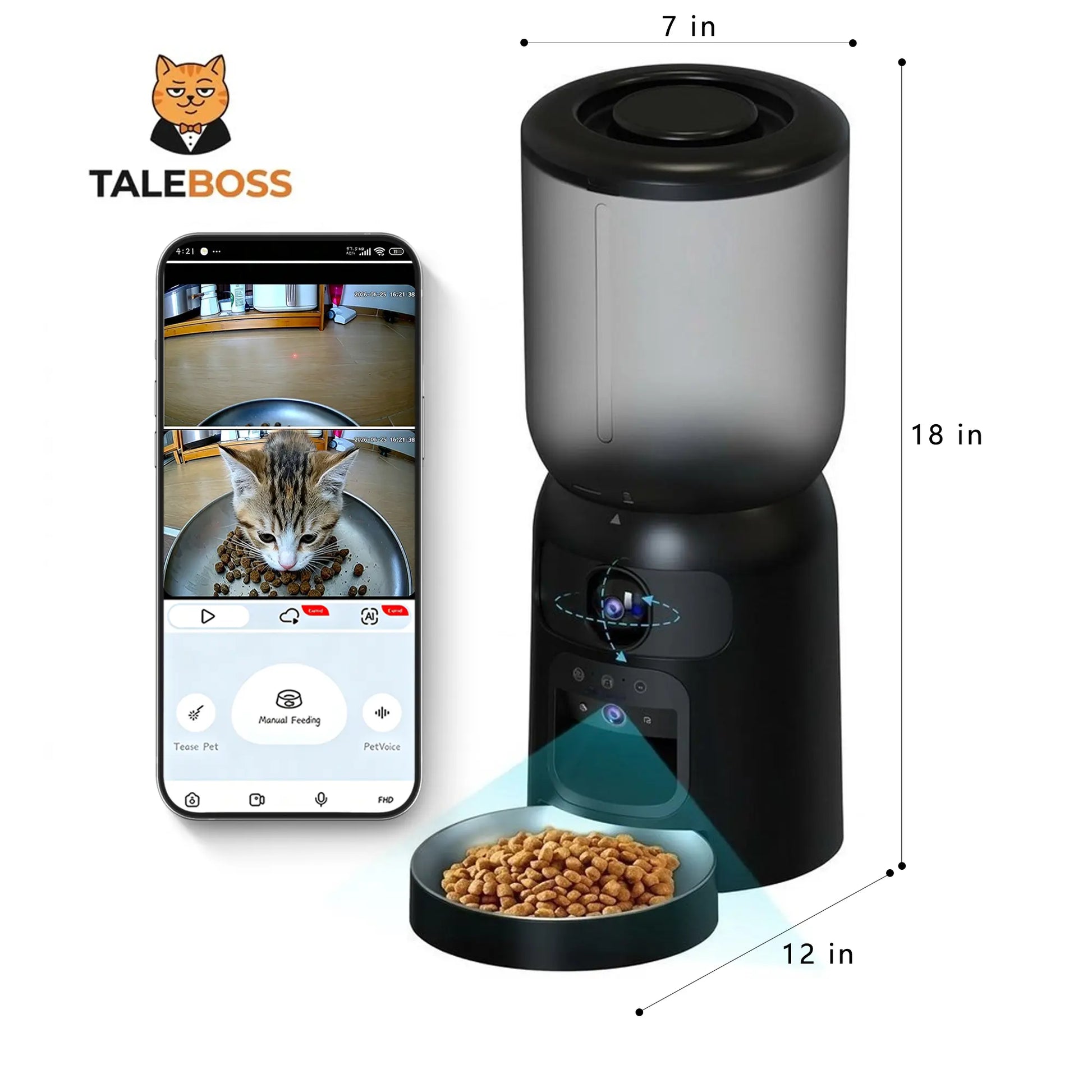 Revolutionize Your Cat's Mealtime with the Taleboss Automatic Feeder - 5L Capacity, HD Camera, Laser Toy & App Control!