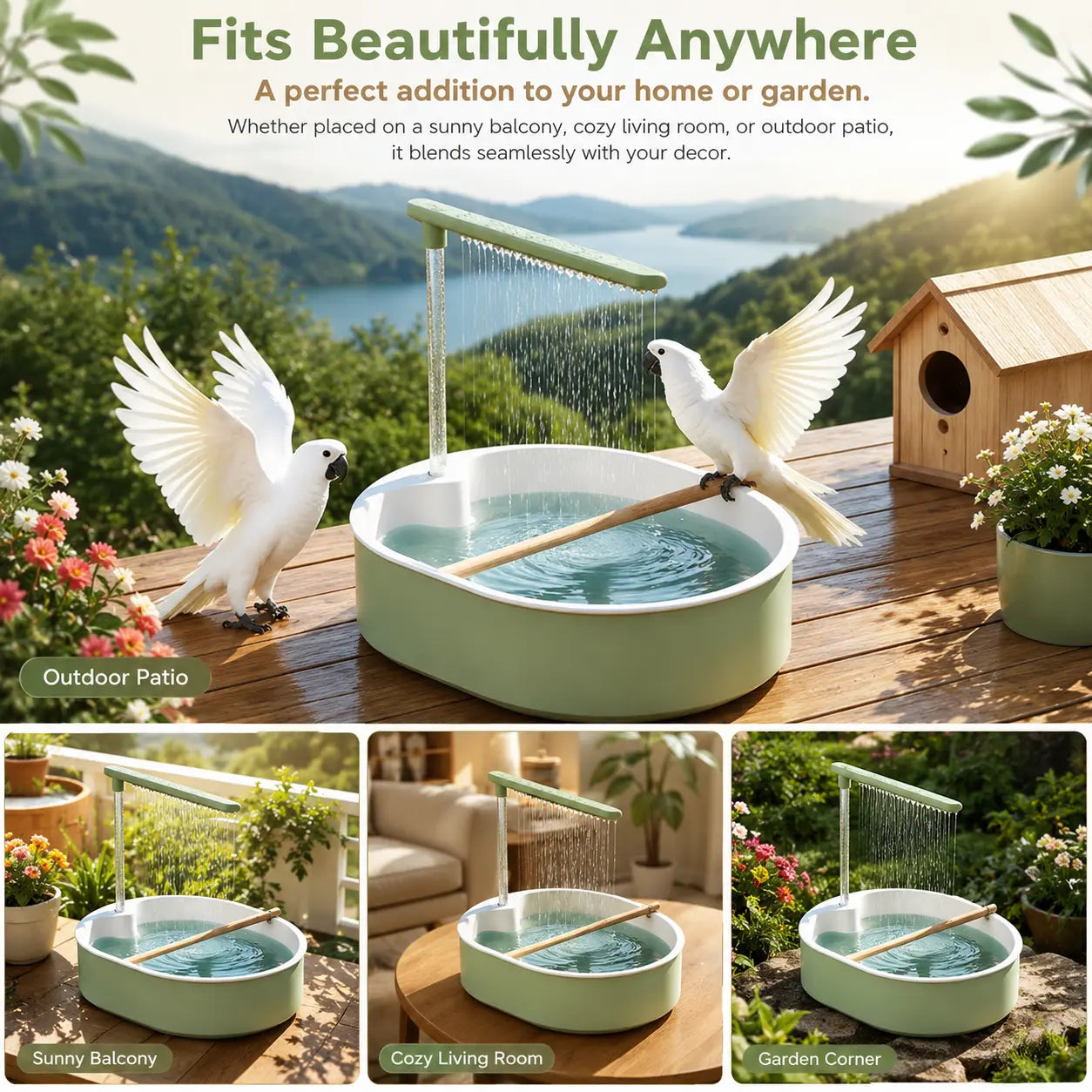 Deluxe Automatic Bird Bath Fountain for Medium Parrots - Relaxing Rain Shower with Secure Wooden Perch and Automated Water Circulation