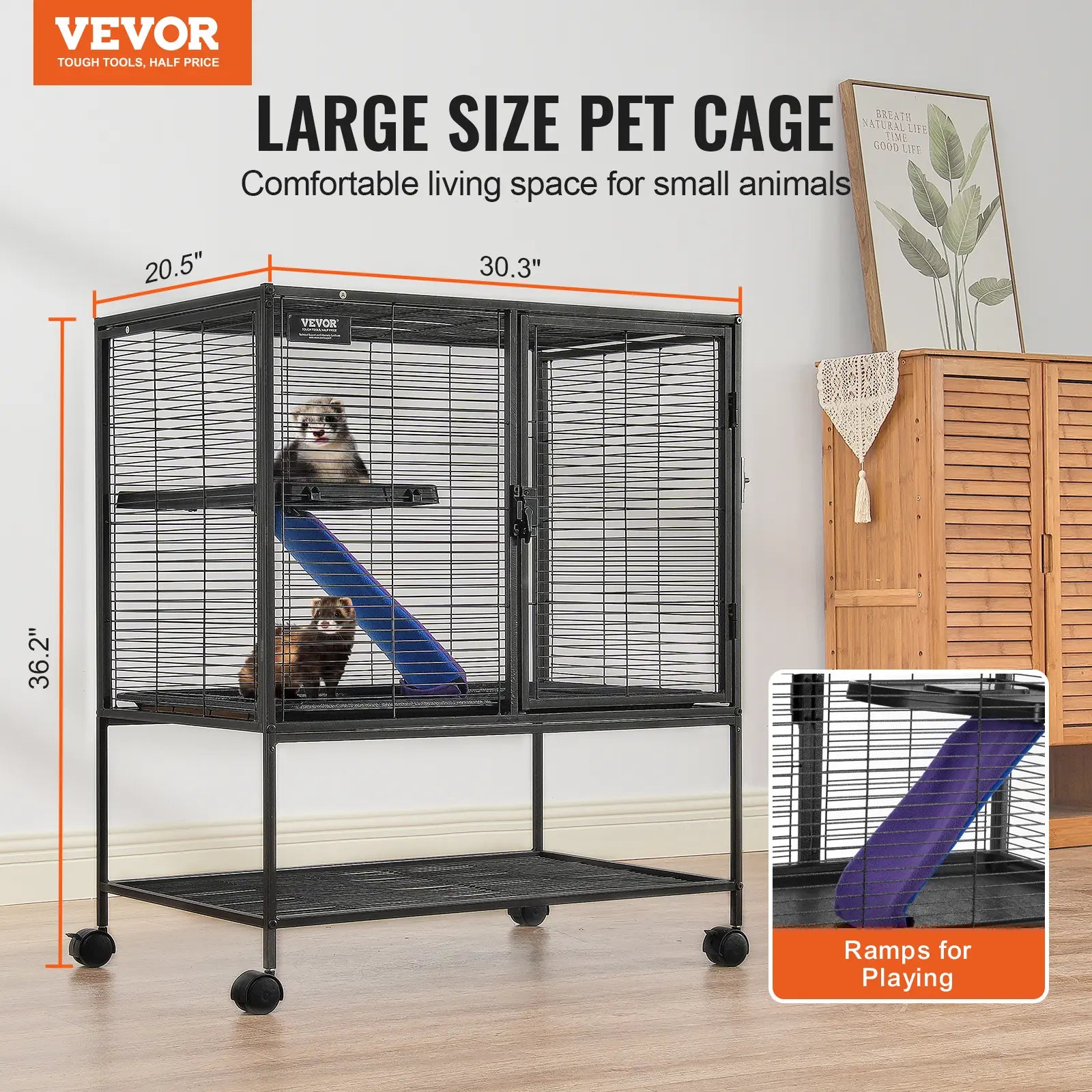 Discover the Vevor 36" Rolling Metal Mesh Ferret Enclosure - A Spacious 2-Tier Critter Cage with Ramps and Easy Mobility for Your Beloved Pets!