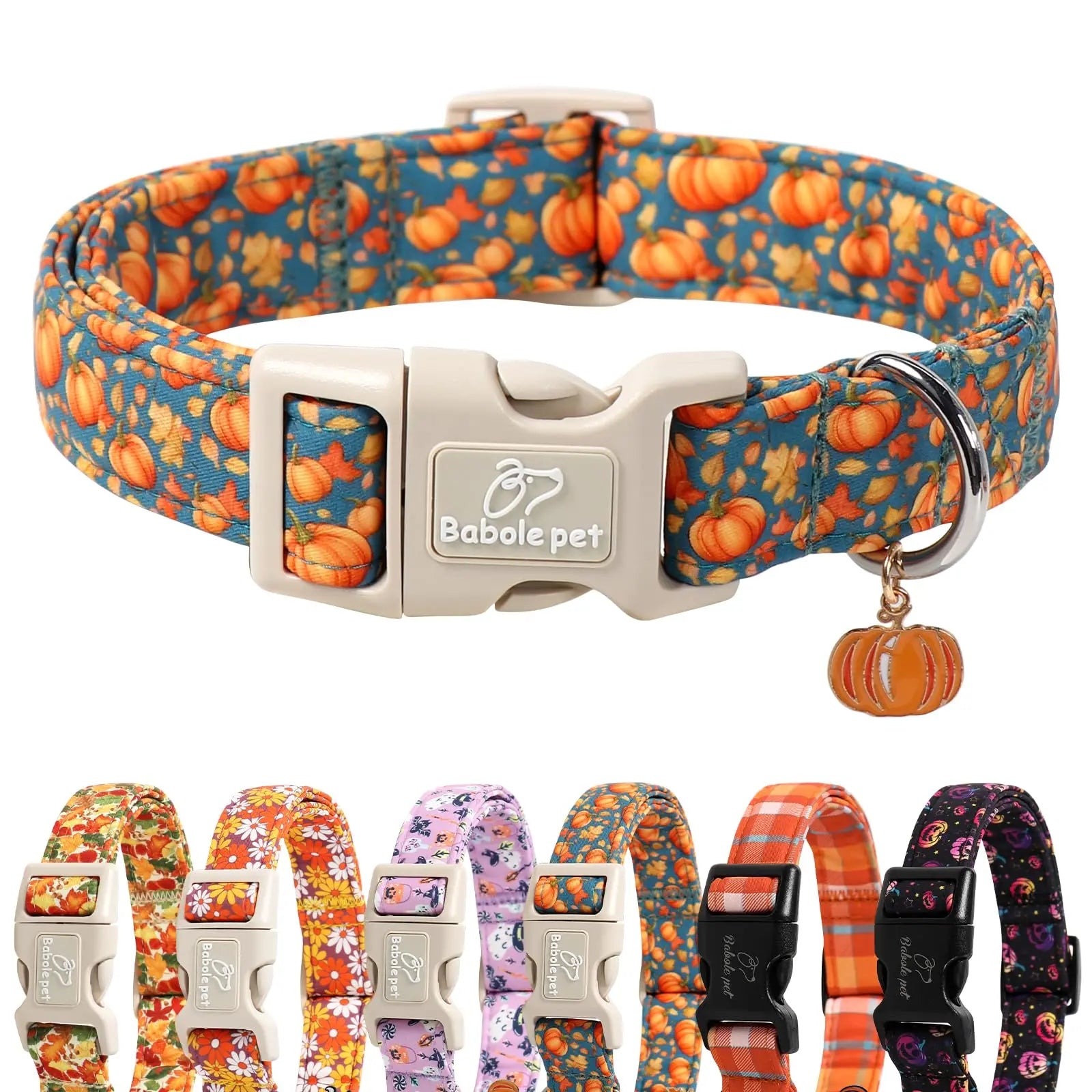 Charming Amber Fall Pumpkin Cotton Dog Collar - Adjustable, Lightweight, and Chew Resistant for Small Dogs, Perfect for Fall Adventures!