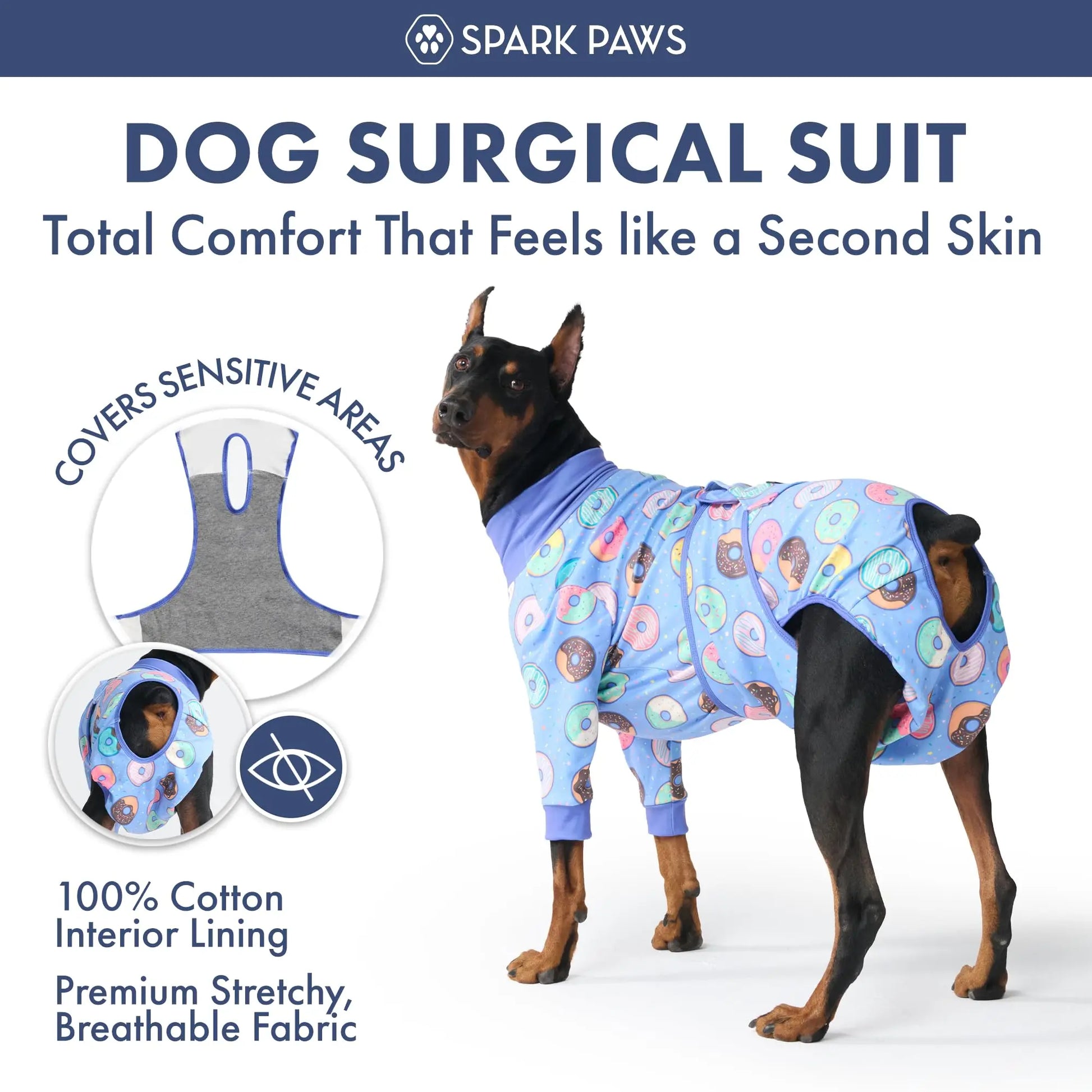 Spark Paws Dog Surgery Recovery Suit - The Ultimate Comfort Solution for Post-Surgery Pets, Soft Anti-Lick Onesie for Spay/Neuter Recovery - Donuts - Size S
