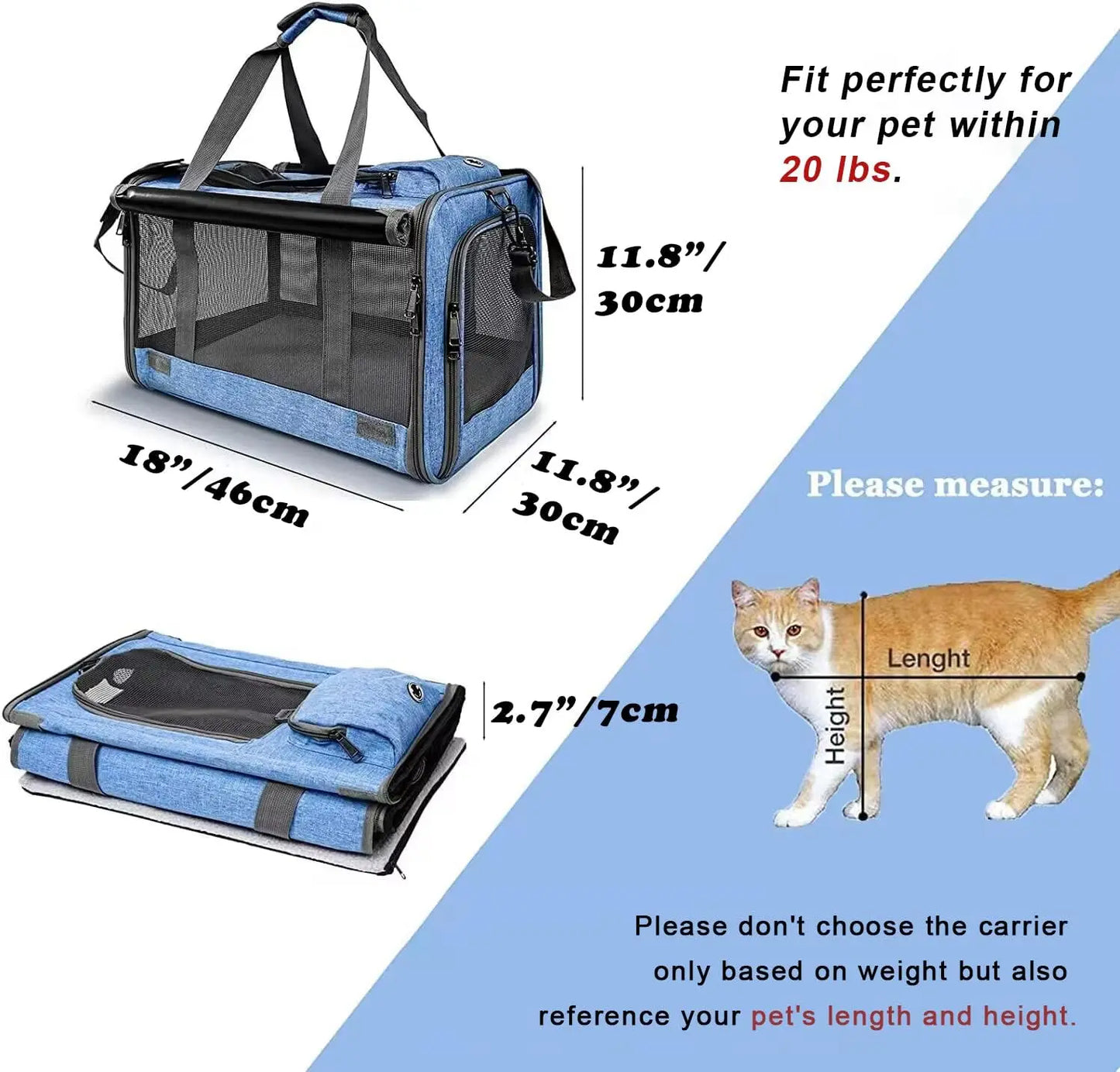 Spacious and Stylish Soft-Sided Pet Carrier for Medium/Large Cats and Small Dogs - Airline Approved, Lightweight, and Foldable - Available in Pink or Blue